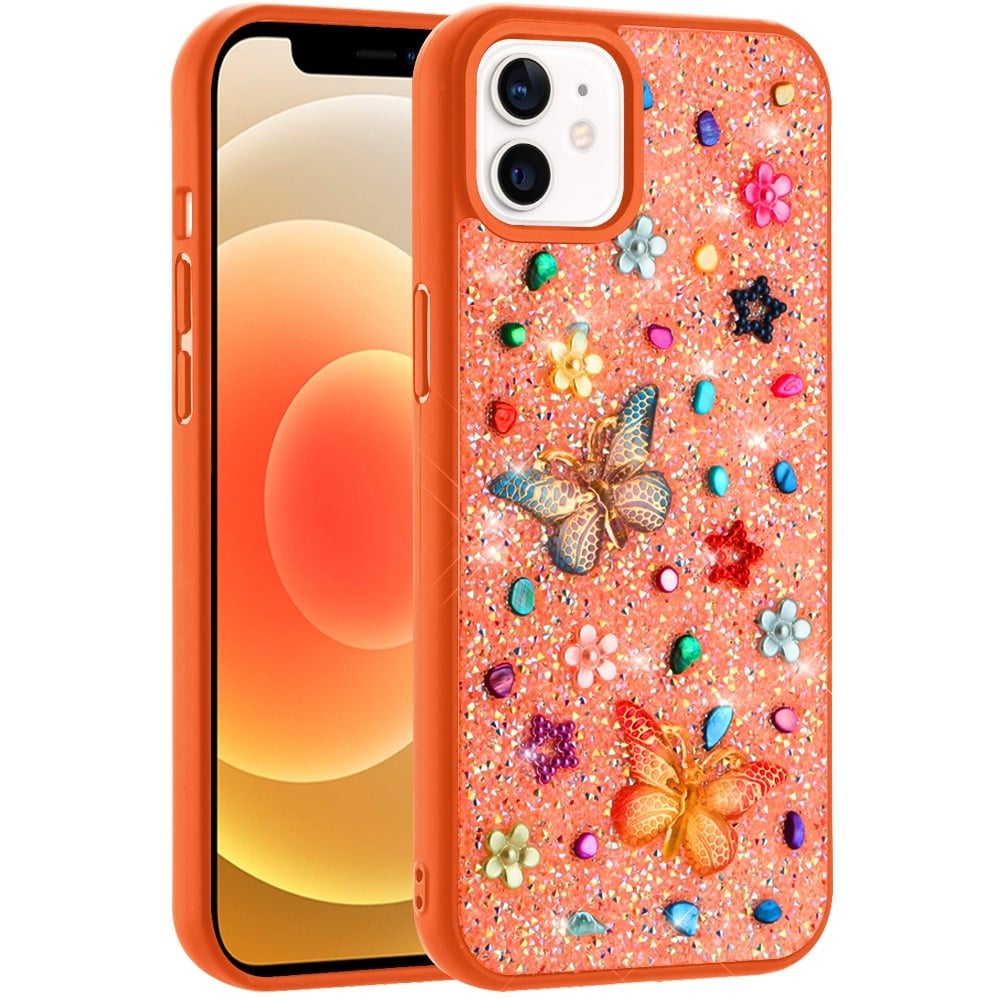 Phone Case for Apple iPhone 12 /12 Pro 3D Butterfly Diamond Bling Glitter Shockproof Stylish Protective Luxury Hybrid Sparkly Durable Grip Design Cover Cosmic Orange