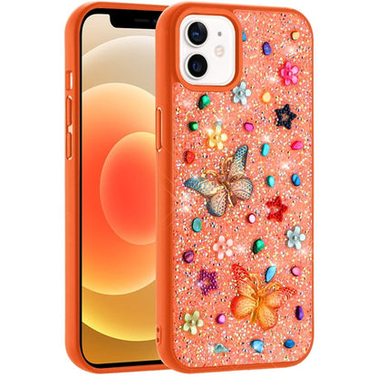 Phone Case for Apple iPhone 12 /12 Pro 3D Butterfly Diamond Bling Glitter Shockproof Stylish Protective Luxury Hybrid Sparkly Durable Grip Design Cover Cosmic Orange