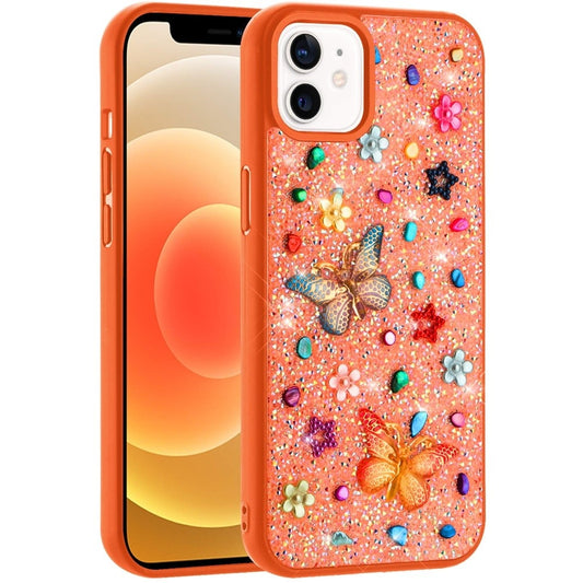 Phone Case for Apple iPhone 12 /12 Pro 3D Butterfly Diamond Bling Glitter Shockproof Stylish Protective Luxury Hybrid Sparkly Durable Grip Design Cover Cosmic Orange