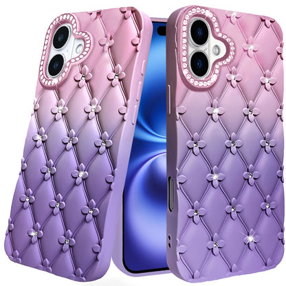 For Apple iPhone 17 (6.3") Fashion Flower Design Sparkle Glitter Shimmer Rhinestone Bling Floral Accents, Leather Texture TPU Case Cover