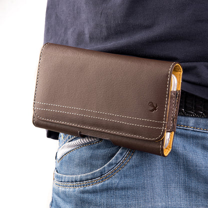 For Apple iPhone 16 Pro (6.3") Horizontal Universal Carry Pouch Cell Phone Case PU Leather Holster Belt Clip Loop Card Slot & Magnetic Closure [Brown]