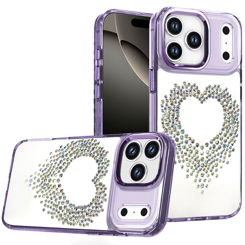 For Apple iPhone 17 Pro (6.3") Angel Hearts Bling Glitter Diamond Hybrid TPU Cover, Colorful Frame Shockproof Protective Back Case Cover Purple
