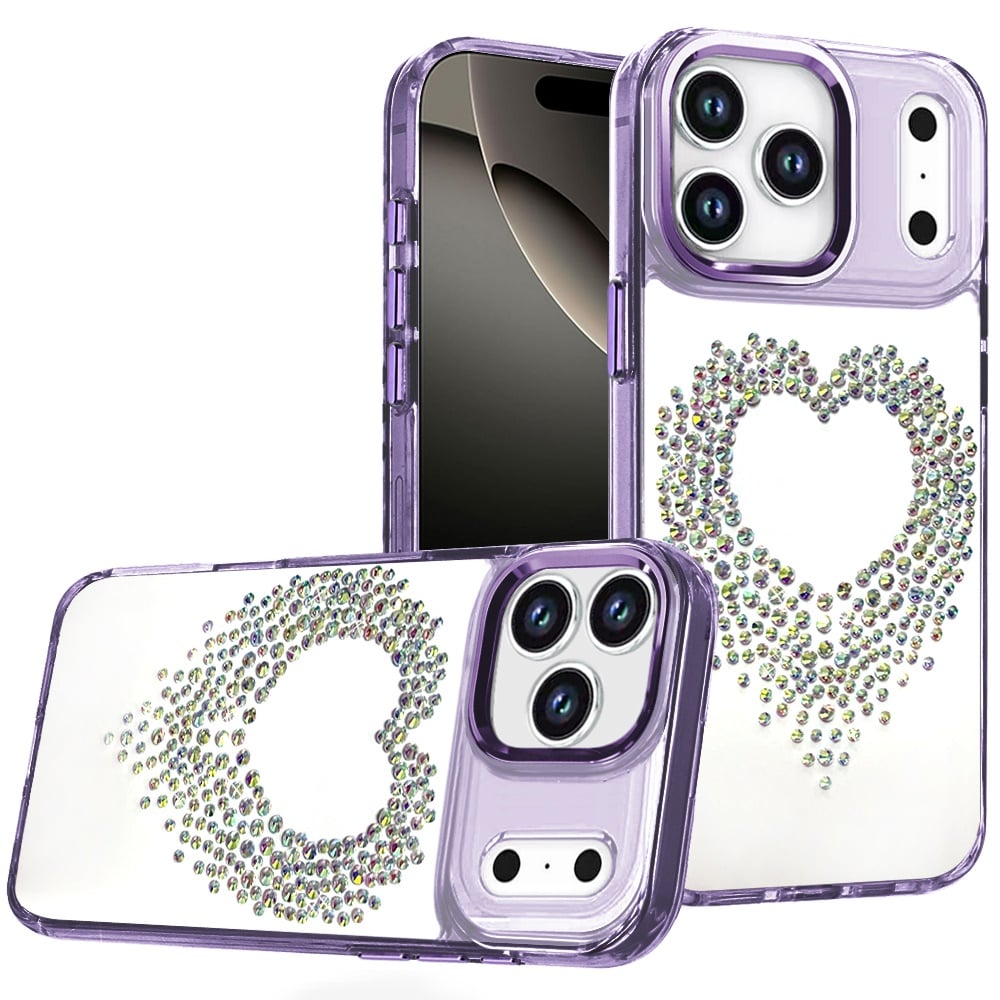 For Apple iPhone 17 Pro (6.3") Angel Hearts Bling Glitter Diamond Hybrid TPU Cover, Colorful Frame Shockproof Protective Back Case Cover Silver