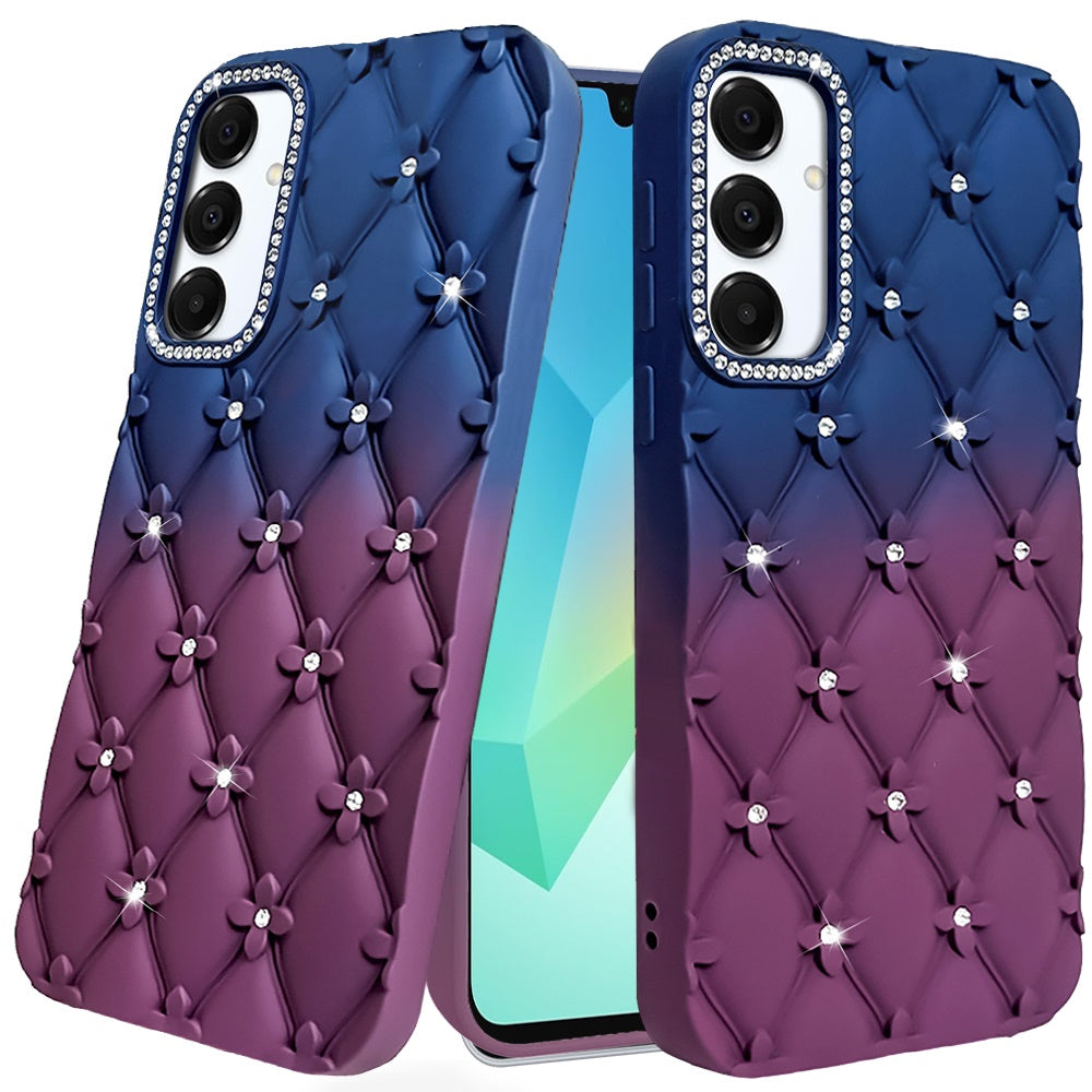 For Samsung Galaxy A16 5G Fashion Flower Design Sparkle Glitter Shimmer Rhinestone Bling Floral Accents, Leather Texture TPU Case Cover