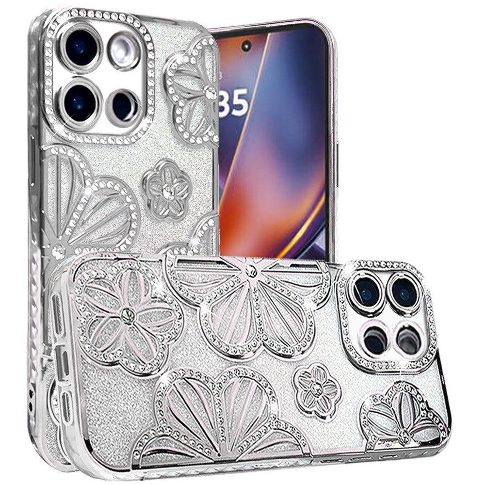 Luxury Flower Design Sparkle Glitter Diamond Rhinestone Shimmer Bling Plating Thick TPU Hard PC