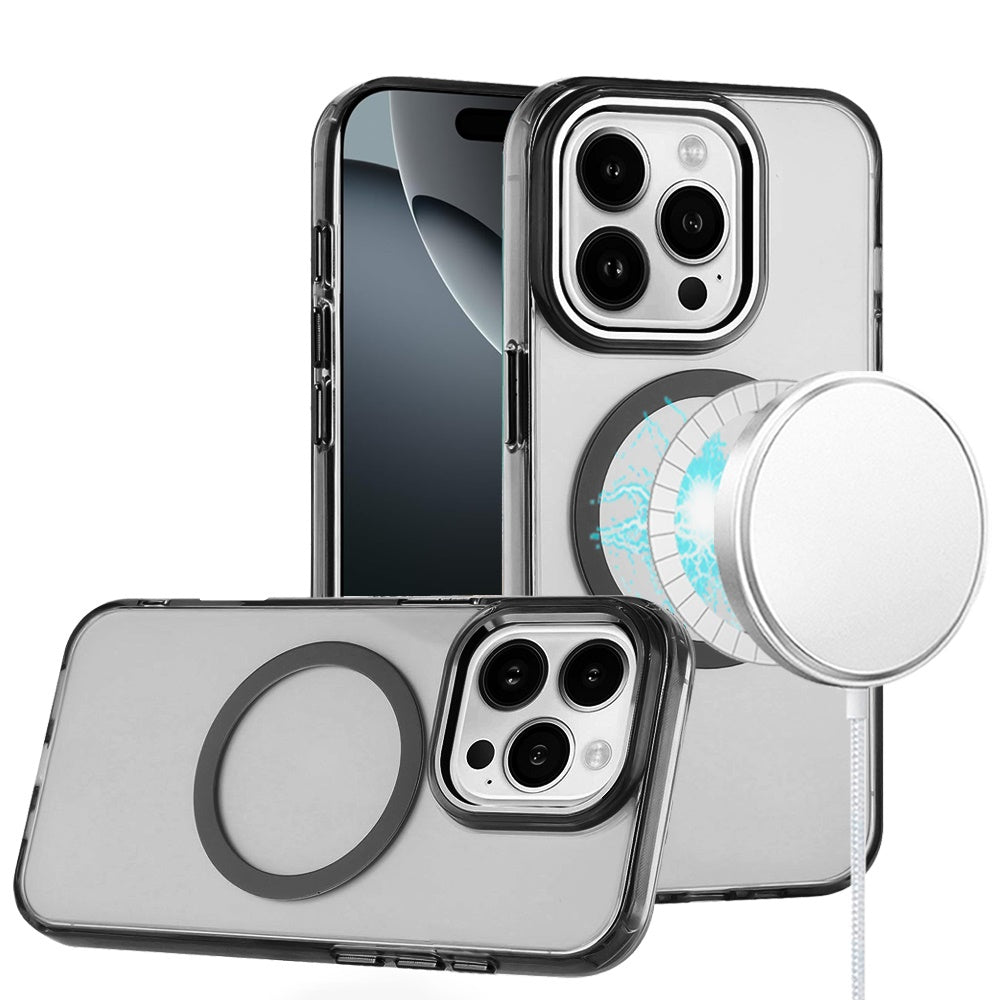 For iPhone 16 Pro Max (6.9") Transparent Back Hybrid Case - Magnetic Circle, Color Frame, Metal Buttons, MagSafe Compatible Protector