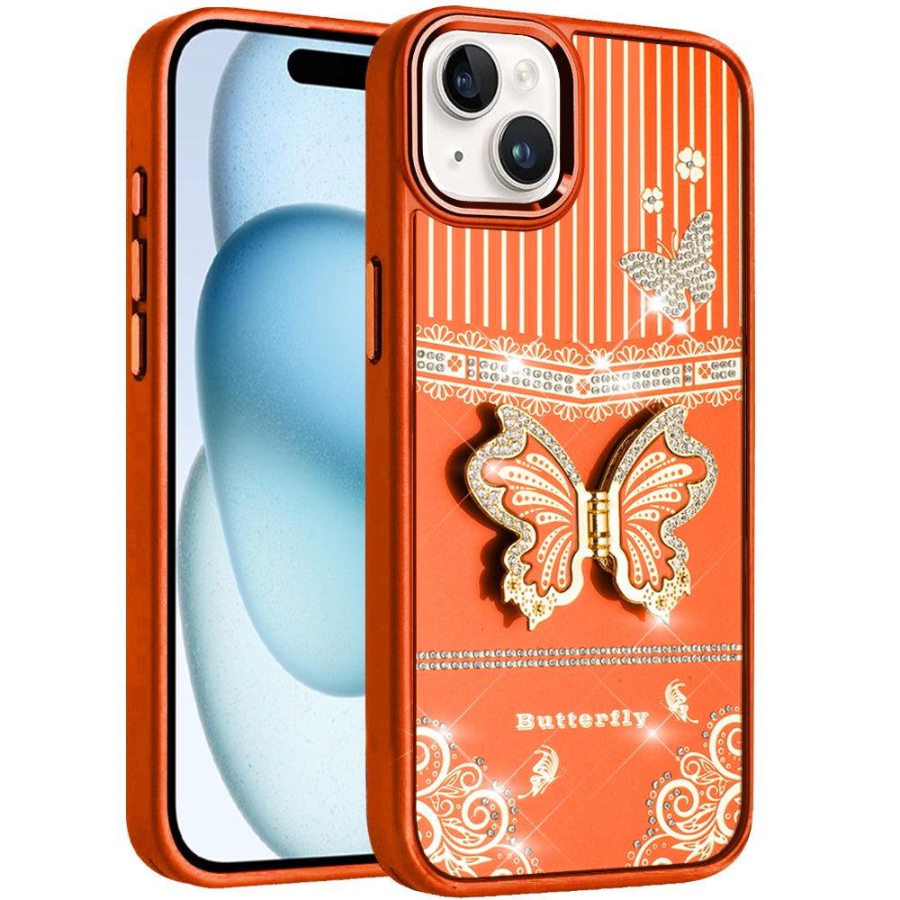 For iPhone 15 (6.1") Glitter 3D Butterfly Design Bling Metallic Edge Hybrid Stand Drop Protection TPU Shockproof Case Cover
