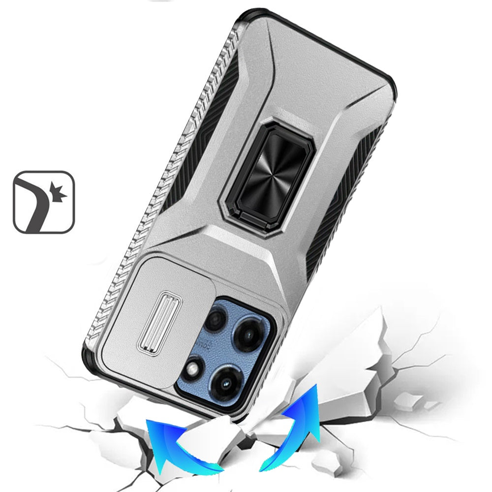 For Apple iPhone 16e Case, Camera Cover with Magnetic Rotation Ring Stand, Military Grade Hybrid Hard TPU Shockproof Case Cover Silver