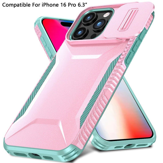 For Apple iPhone 16 Pro Slim Fit Shockproof Hybrid with Slide Camera Window Covering, Rugged Tpu Silicone Hard PC Bumper Case Cover Pink-Teal