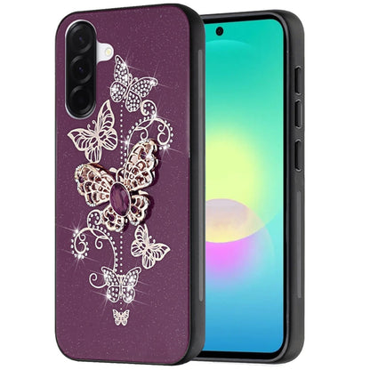 Phone Case for Samsung Galaxy A27 Diamond Glitter 3D Butterfly Engraved Luxury Bling Hybrid Shockproof Chrome Edge Protective Durable Grip Cover Purple