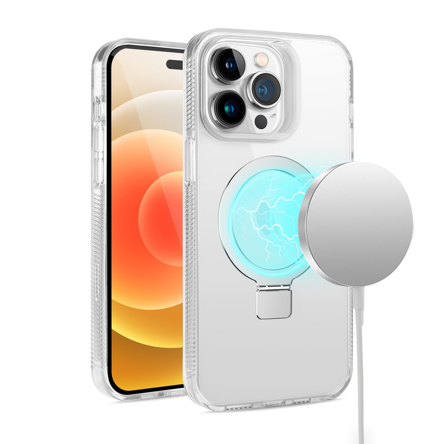 For Apple iPhone 16 (6.1") Transparent HQ Magnetic Ring Circle Stand with MagSafe Compatible Hybrid Dotted Edged Case Cover