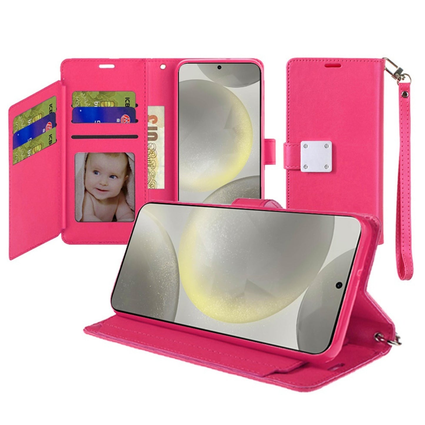 Phone Case for Apple iPhone 15 Wallet Credit Card Holder Leather Grip Shockproof Hybrid Protective Style Durable Flip Pouch Cover Hotpink