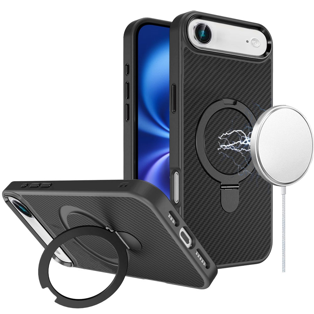 For Apple iPhone 17 Air (6.6") Hybrid Carbon Fiber Design with MagSafe Compatible [Magnetic Circle], Ring Stand Shockproof Slim TPU Case Cover