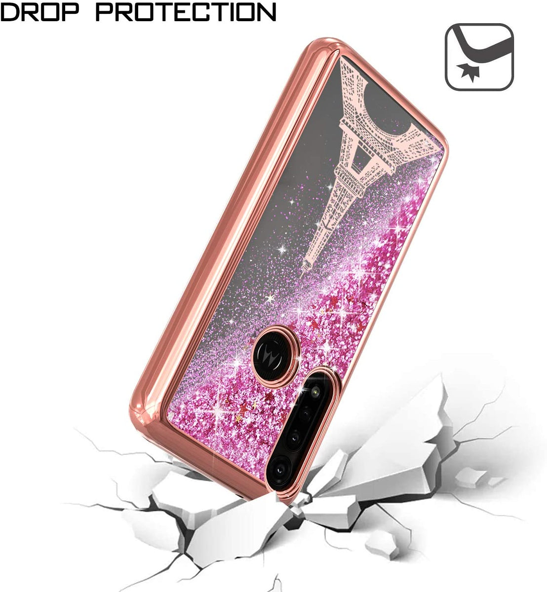 For Apple iPhone 15 (6.1") Quicksand Liquid Glitter Bling Flowing Sparkle Fashion Hybrid TPU and Chrome Plating Hard Paris Eiffel Tower Phone Case Cover