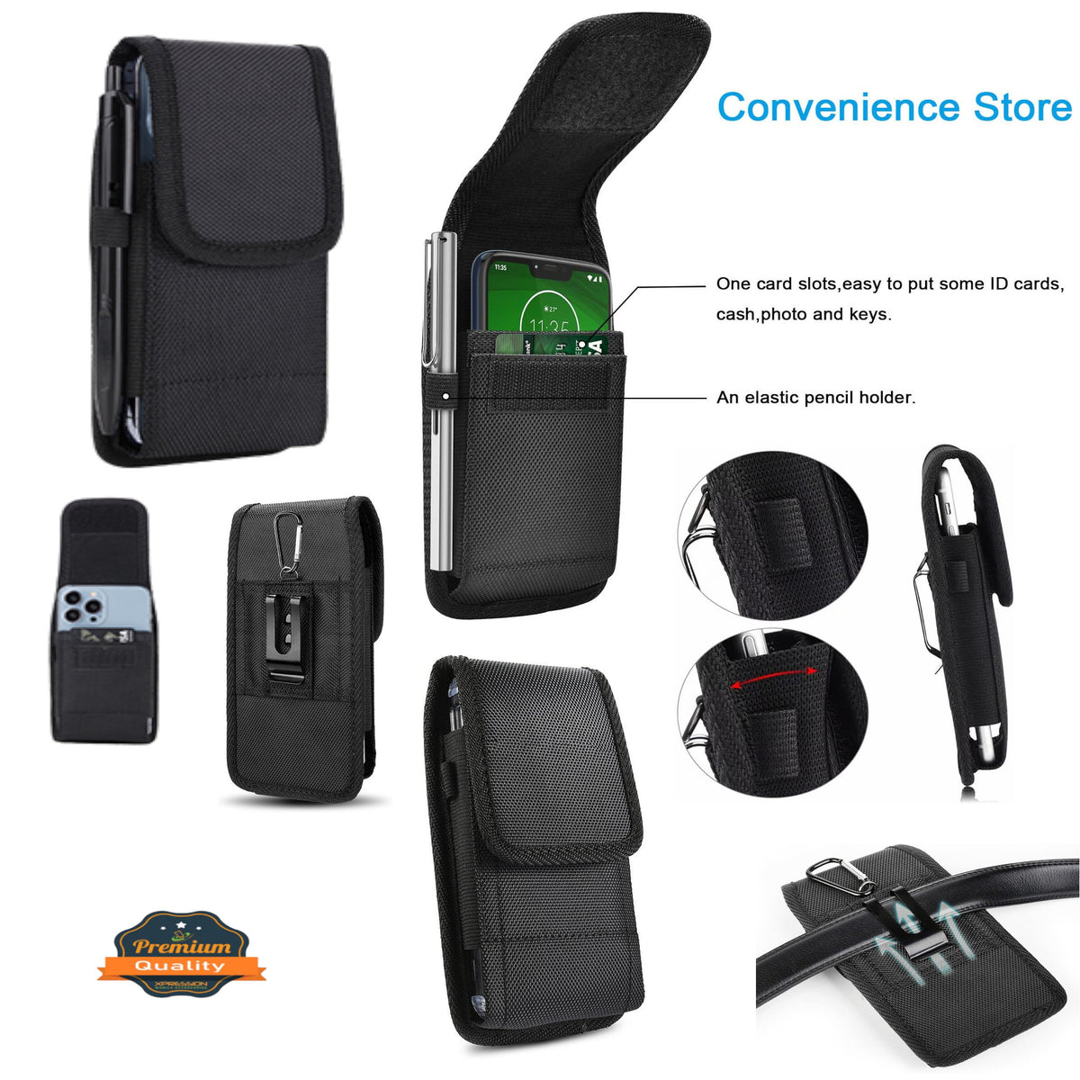 For Apple iPhone 16 Plus (6.7") Vertical Nylon Canvas Holster Universal Cell Phone Pouch Velcro Closure with Credit Card Slot & Belt Clip Loop Carabiner [Black]