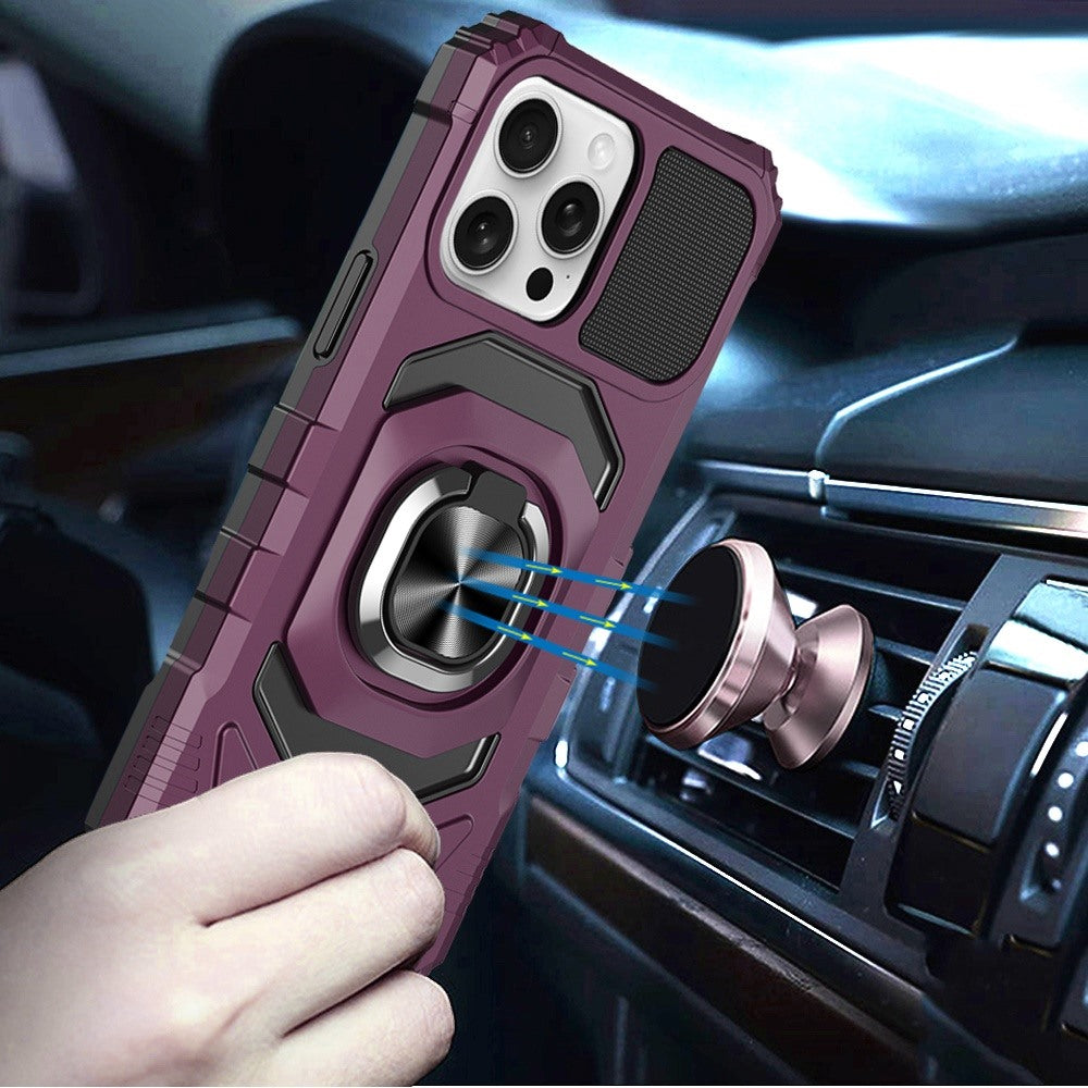 Phone Case for Apple iPhone 15 Pro Max Rugged Hybrid Dual Layer Magnetic Ring Stand Armor Shock Absorbing Heavy Duty TPU Reinforced Bumper Cover Purple