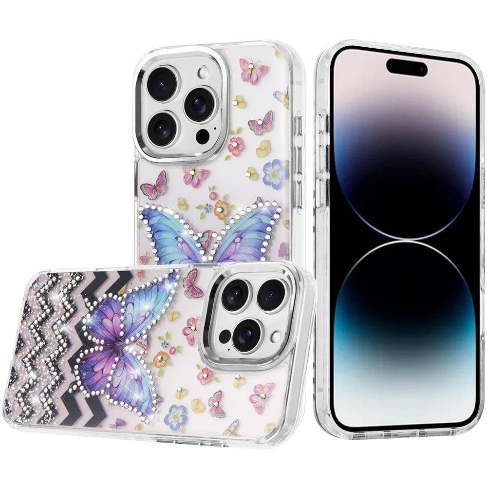 For iPhone 14 Pro Max (6.7") Butterfly Resin Epoxy Diamond Design Metal Edged Hybrid Shockproof Heavy Duty Drop Protection Case Cover