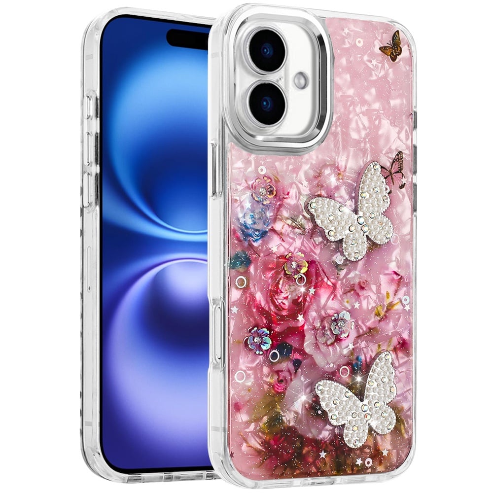 For Apple iPhone 17 (6.3") Epoxy Glitter Flowers Bling 3D Butterfly Fashion TPU Hybrid with Shockproof Protection Case Cover