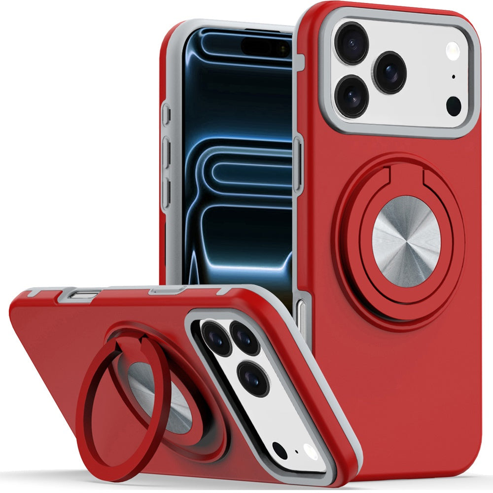 Phone Case for Apple iPhone 18 Pro Max Shockproof Magnetic Ring Stand Rotating CarMount Hybrid Metal Matte Finish AntiSlip Grip Kickstand Cover Red