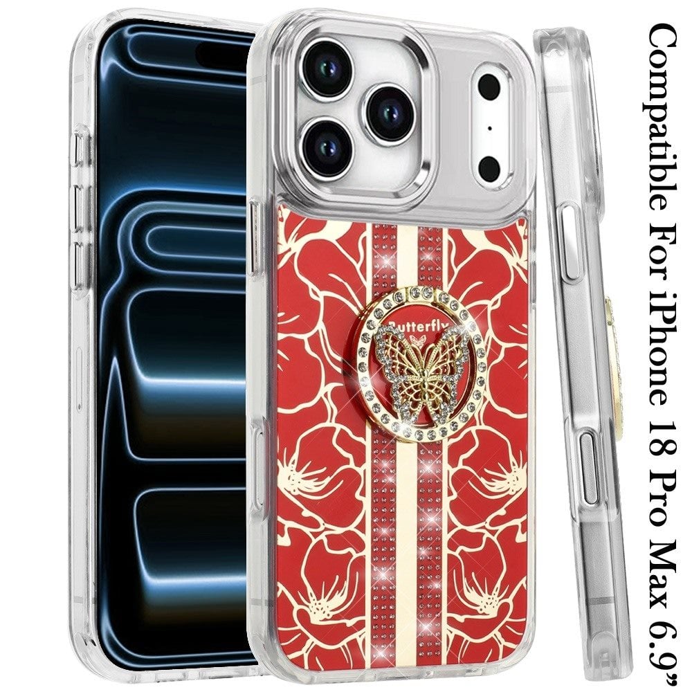 Phone Case for Apple iPhone 18 Pro Max Floral Butterfly Ring Stand Glitter Bling Shockproof Hybrid Luxury Fashion Protective Anti Slip Durable Grip Cover