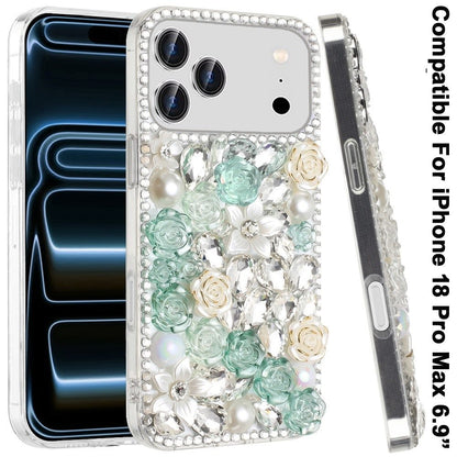 Phone Case for Apple iPhone 18 Pro Max/ 17 Pro Max Rose Flower Full Diamond Bling Rhinestone Glitter Luxury Stylish Sparkle Protective Designer Hybrid Cover