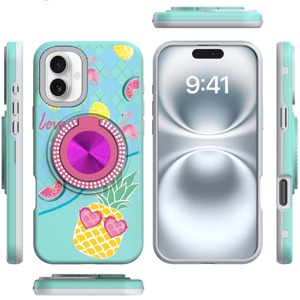 For Apple iPhone 16 Plus Pattern Design Hybrid with Invisible Ring Stand & Magnetic Back, Shockproof Protective Grip Case Cover Pineapple Love Vibe
