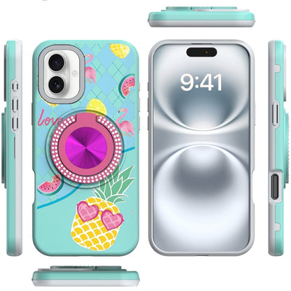 For Apple iPhone 16 Plus Pattern Design Hybrid with Invisible Ring Stand & Magnetic Back, Shockproof Protective Grip Case Cover Pineapple Love Vibe