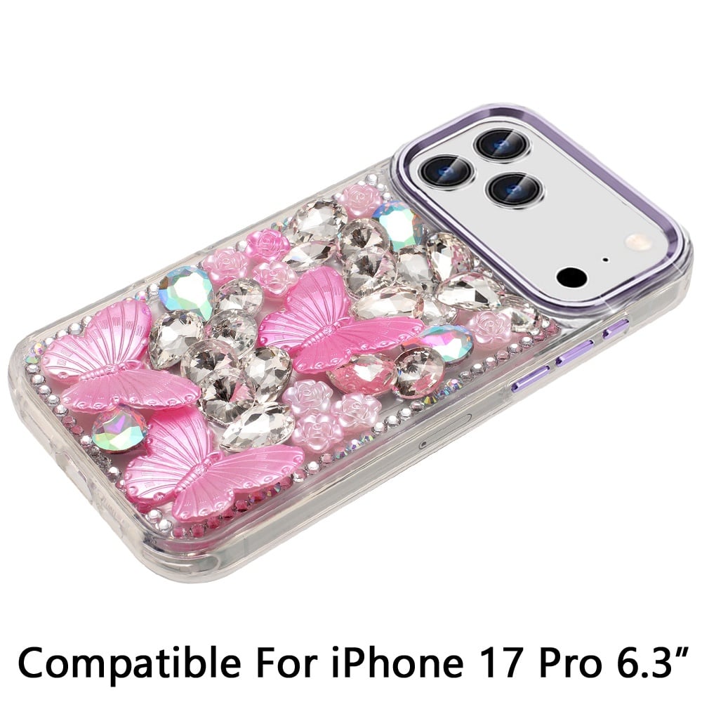 Phone Case for Apple iPhone 17 Pro Luxury 3D Floral Butterfly Bling Rhinestone Glitter Shockproof Stylish Protective Hybrid Designer Metallic Cover