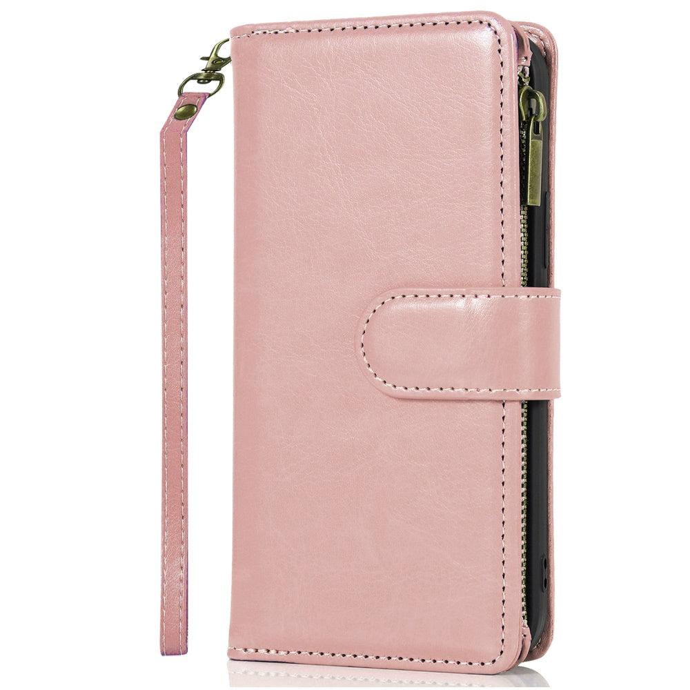 Phone Case for Samsung Galaxy A17 5G Luxury Leather Wallet Card Holder Zipper Pocket Money Storage Protective Grip Design with Strap Cover Pink
