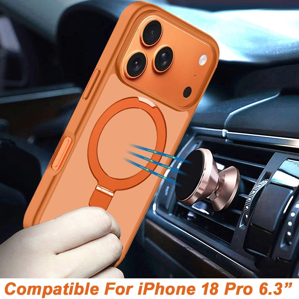 Phone Case for Apple iPhone 18 Pro Magnetic Ring Stand Full Rotation Matte Shockproof Grip Anti Slip Durable Camera Protection Hybrid Cover Orange