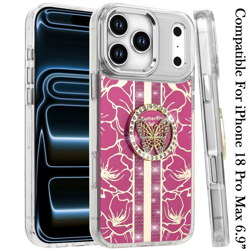 Phone Case for Apple iPhone 18 Pro Max Floral Butterfly Ring Stand Glitter Bling Shockproof Hybrid Luxury Fashion Protective Anti Slip Durable Grip Cover