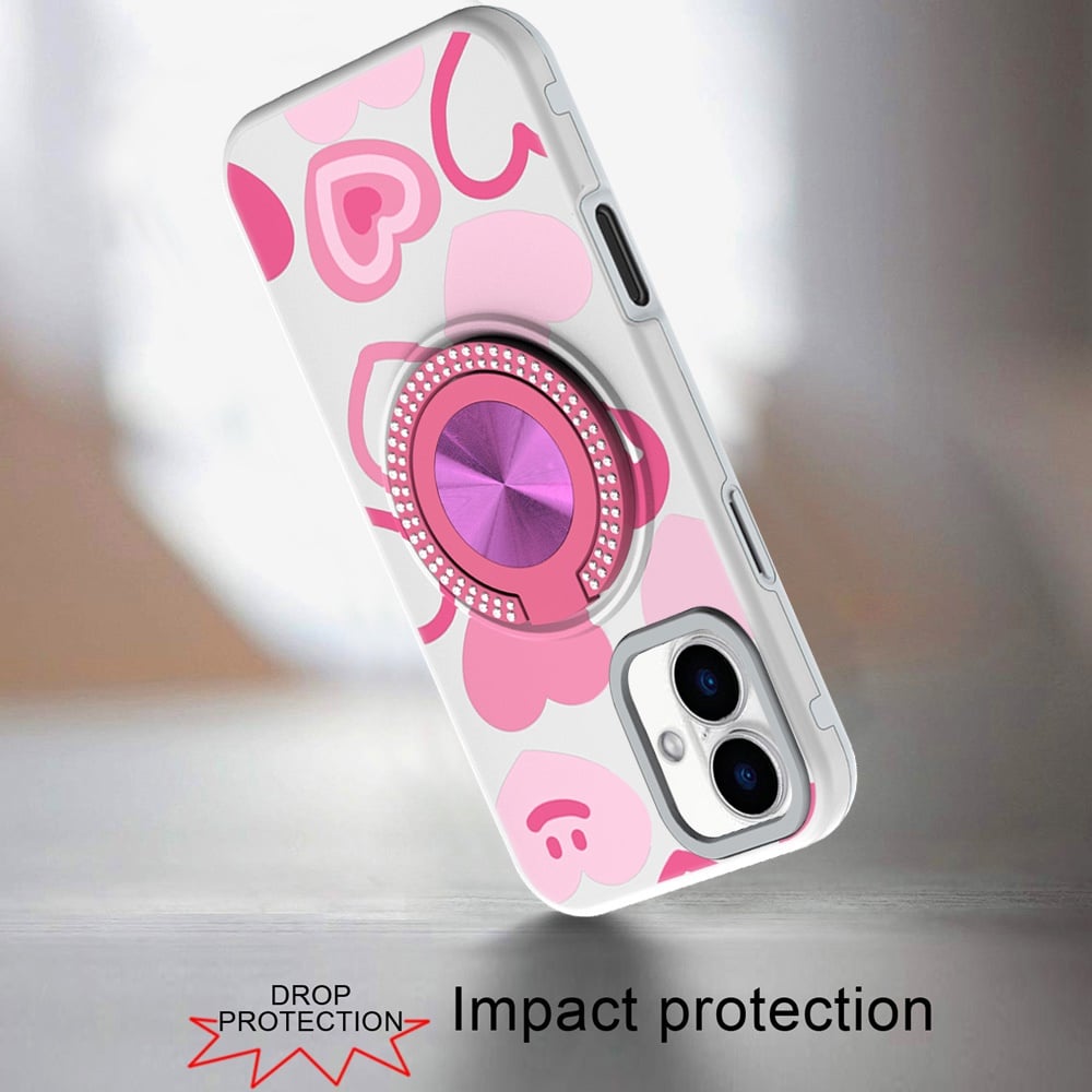 Phone Case for Apple iPhone 16 Plus Magnetic Ring Stand Matte Metal Hybrid Car Mount Friendly Shockproof Rotational Grip Diamond Design Pattern Cover Red