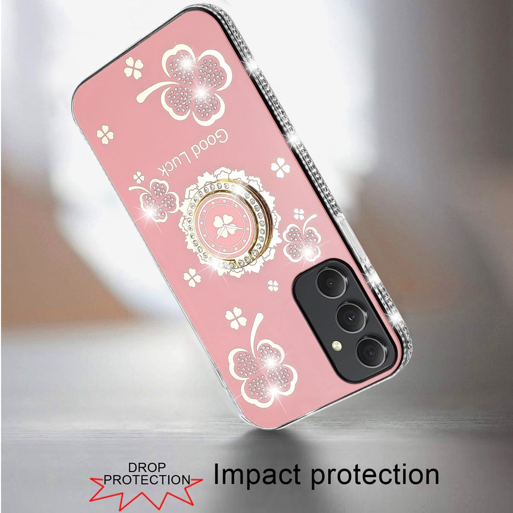 Phone Case for Samsung Galaxy A15 5G Glitter Diamond Ring Stand Sparkle Rhinestone Edge AntiSlip Kickstand Luxury Fashion Bumper Shockproof Cover