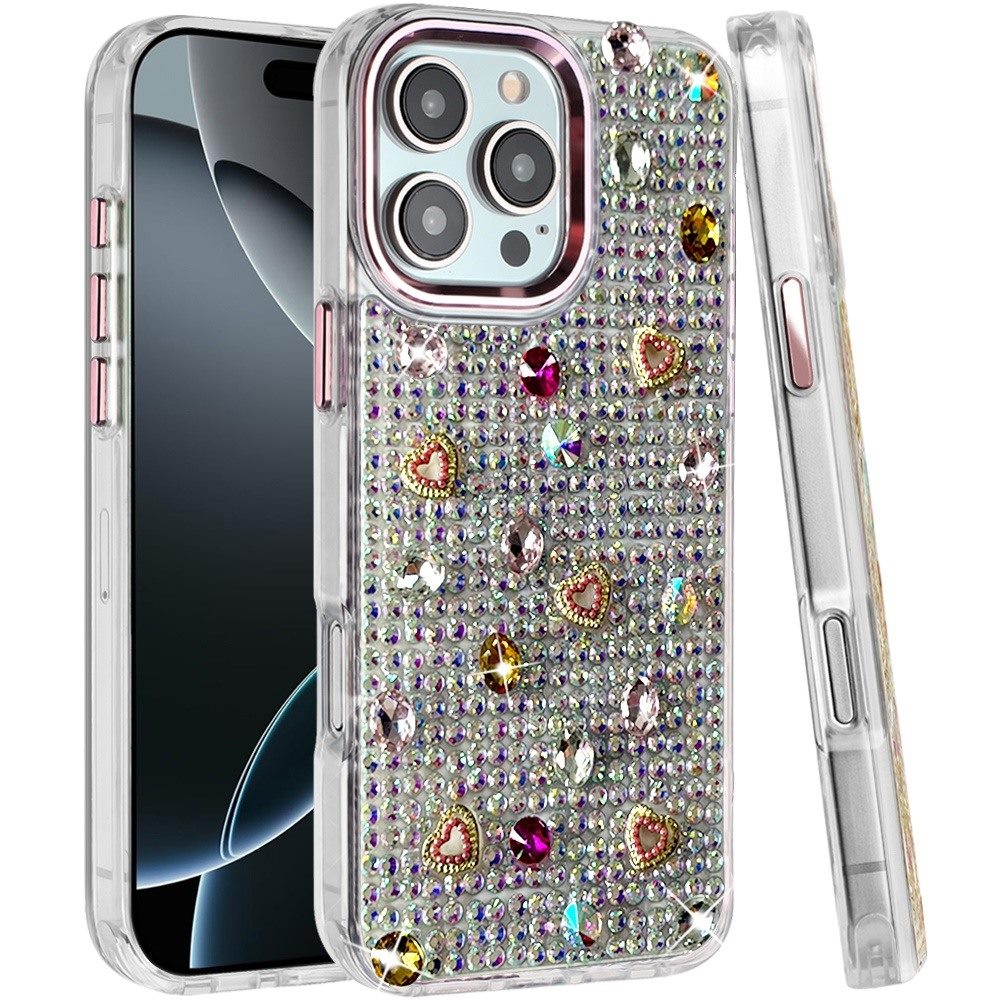 Phone Case for iPhone 16 Pro Max Chrome Fashion Hybrid Bling Diamond Heart Rhinestone Decorative Stones Sparkling Embellished Design Cover