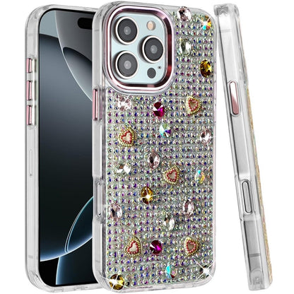 Phone Case for iPhone 16 Pro Max Chrome Fashion Hybrid Bling Diamond Heart Rhinestone Decorative Stones Sparkling Embellished Design Cover