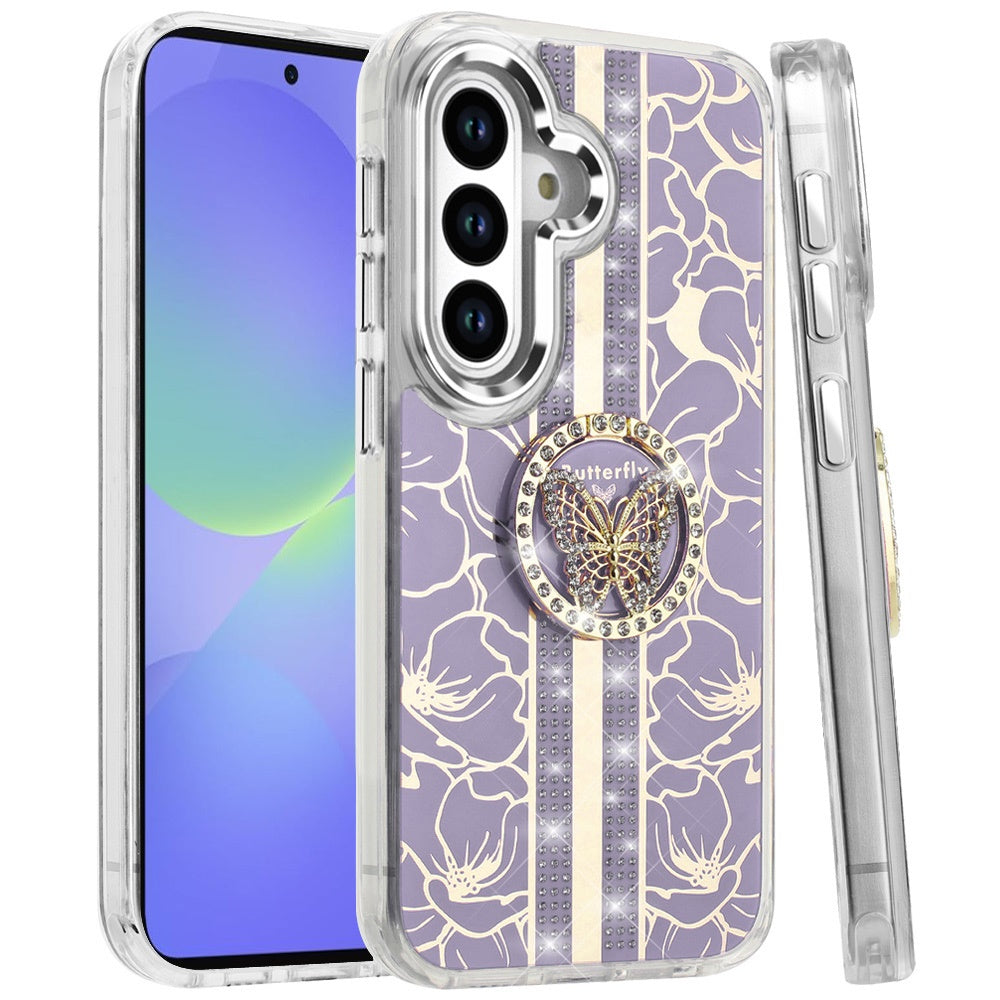 For Samsung Galaxy A36 Diamonds 3D Butterfly Floral Design Bling Sparkly Glitter Hybrid Metal Fashion with Ring Stand Case Cover
