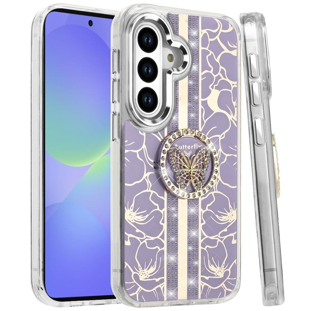 Phone Case for Samsung Galaxy A56 / A36 Floral Butterfly Ring Stand Glitter Bling Shockproof Hybrid Luxury Fashion Protective Anti Slip Durable Grip Cover