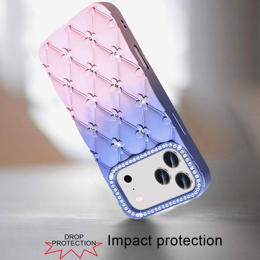 For Apple iPhone 17 Pro Max Fashion Flower Design Sparkle Glitter Shimmer Rhinestone Bling Floral Accents, Leather Texture TPU Case Cover