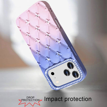 For Apple iPhone 17 Pro Max Fashion Flower Design Sparkle Glitter Shimmer Rhinestone Bling Floral Accents, Leather Texture TPU Case Cover