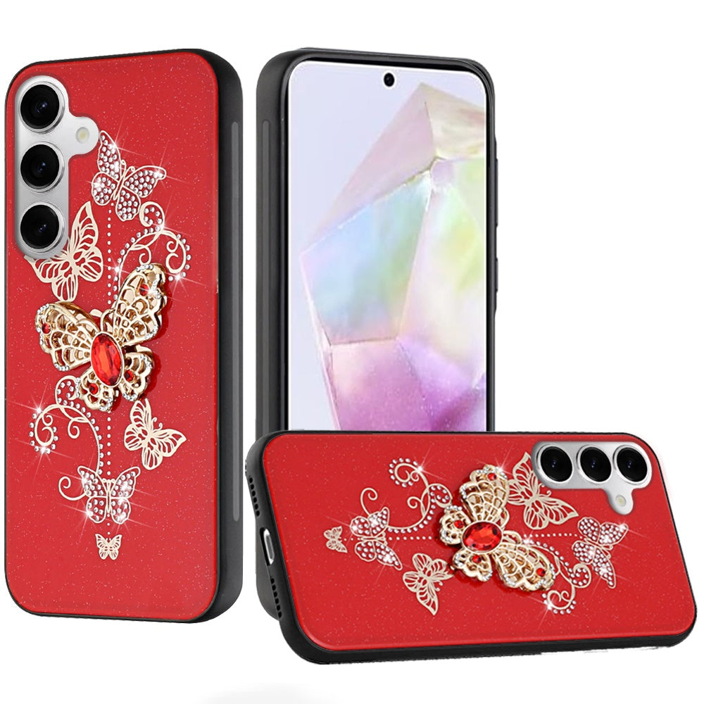 For Samsung Galaxy A36 Diamonds 3D Butterfly Bling Sparkly Glitter Ornaments Engraving Hybrid Metal Fashion Case Cover Red Garden Butterflies