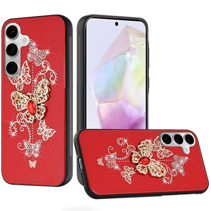 For Samsung Galaxy A36 Diamonds 3D Butterfly Bling Sparkly Glitter Ornaments Engraving Hybrid Metal Fashion Case Cover Red Garden Butterflies