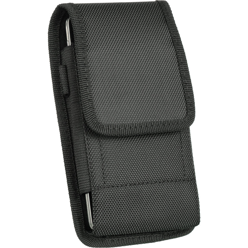 For Apple iPhone 16 Plus (6.7") Universal Vertical Nylon Pouch Cell Phone Case Holster with 2 Credit Card Slot, Belt Clip Loop, Velcro closure Cover [Black]