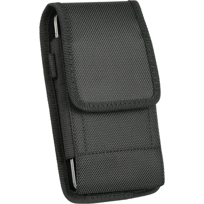 For Apple iPhone 16 Plus (6.7") Universal Vertical Nylon Pouch Cell Phone Case Holster with 2 Credit Card Slot, Belt Clip Loop, Velcro closure Cover [Black]