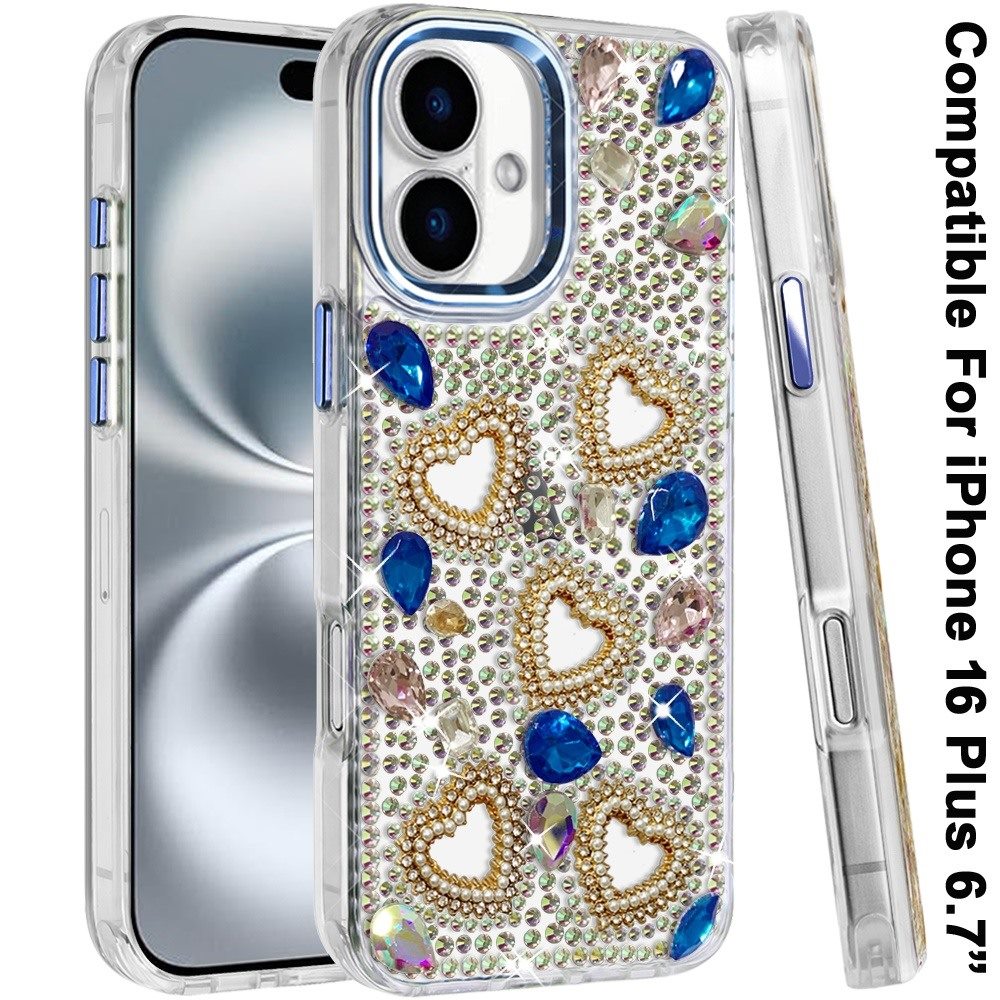 Phone Case for Apple iPhone 16 Plus Luxury Crystal Heart Rhinestone Diamond Bling Shockproof Hybrid Glitter Protective Stylish Durable Grip Cover