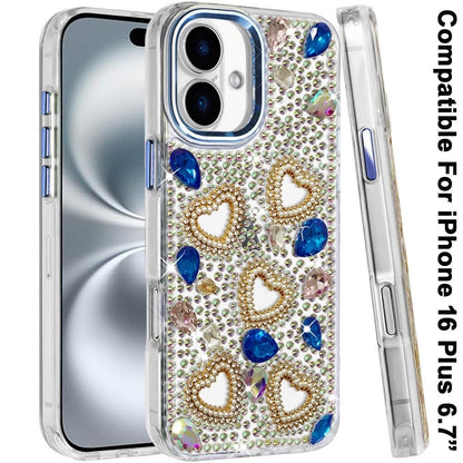 Phone Case for Apple iPhone 16 Plus Luxury Crystal Heart Rhinestone Diamond Bling Shockproof Hybrid Glitter Protective Stylish Durable Grip Cover