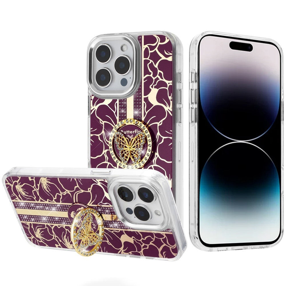 Phone Case for Apple iPhone 14 Pro Max Floral Butterfly Ring Stand Glitter Bling Shockproof Hybrid Luxury Fashion Protective Anti Slip Durable Grip Cover Purple