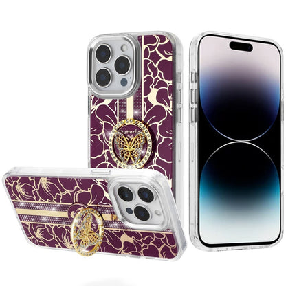 Phone Case for Apple iPhone 14 Pro Max Floral Butterfly Ring Stand Glitter Bling Shockproof Hybrid Luxury Fashion Protective Anti Slip Durable Grip Cover Purple