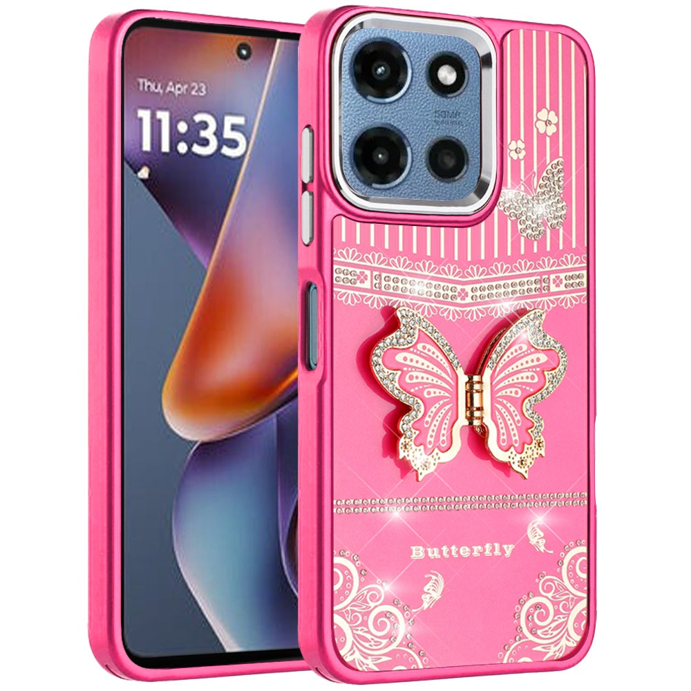 Phone Case for Motorola Moto G Play 5G 2026/ 5G 2025/ 5G2026 Glitter Bling Butterfly Stand Metallic Edge Hybrid Shockproof Grip Durable Camera Protection Stylish Design Cover