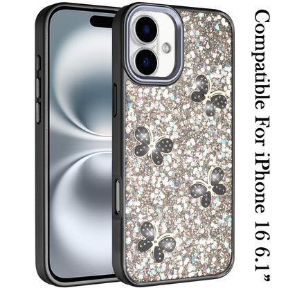 For iPhone 16 (6.1") Cute Butterfly Crystal Diamond Glitter Case Sparkle Bling Frame Metallic Edges, Shimmer TPU Hybrid Case Cover