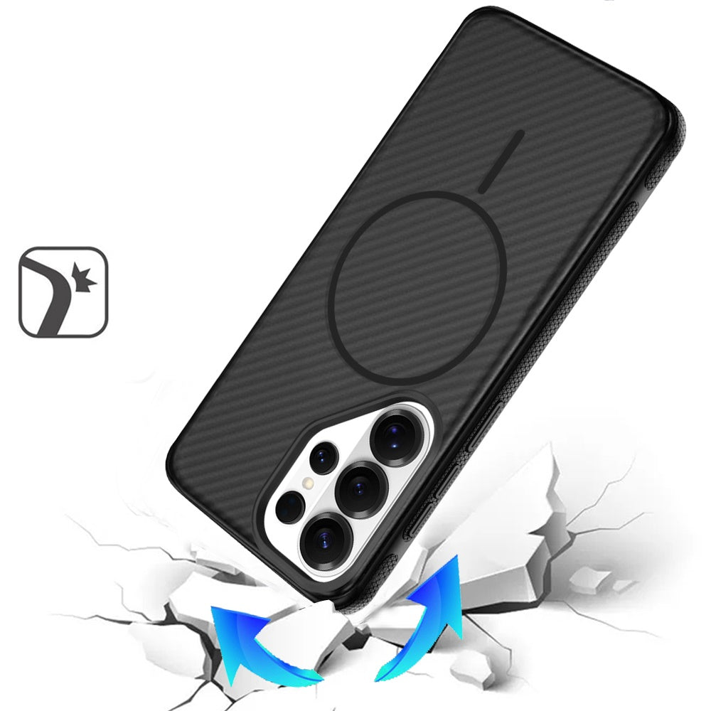 For Samsung Galaxy S26 Ultra Thick Carbon Design Magnetic Hybrid Drop Protection with Metallic Buttons & MagSafe Compatible Case Cover Black